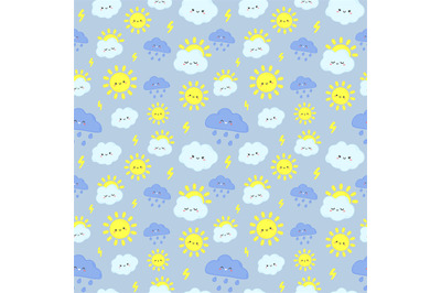 Cute rain sky pattern. Smiling happy sun&2C; thunderclouds with lightning