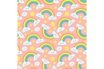 Cute rainbow clouds seamless pattern. Pink starry sky&2C; funny rainbows