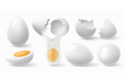 Chicken eggs. White easter egg, cracked eggshell and boiled egg 3d rea