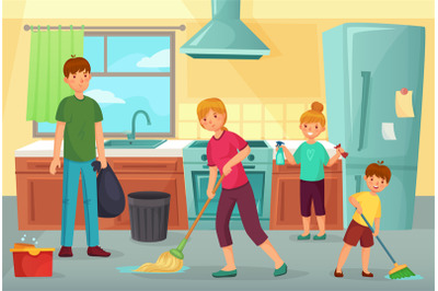 Family cleaning kitchen. Father, mother and kids clean cuisine togethe