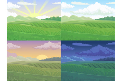 Summer field. Green hill, daytime fields landscape and spring hills ca