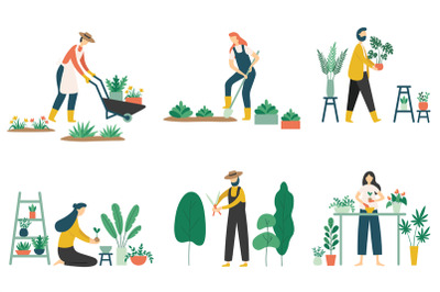 People gardening. Woman planting gardens flowers, agriculture gardener