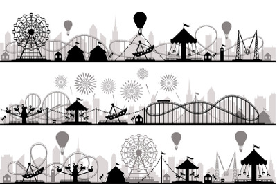 Amusement park landscape. Carnival roller coasters silhouettes&2C; festiv