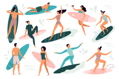 Surfing people. Surfer standing on surf board, surfers on beach and su