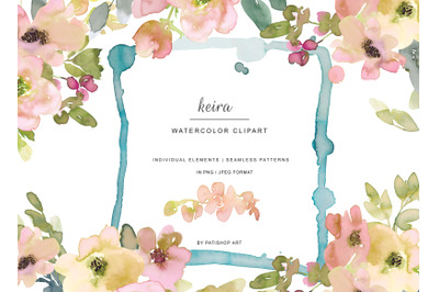 Watercolor Soft Blush and Lemon Floral Clipart  Separate Elements