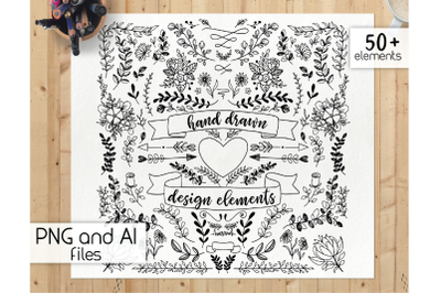 Hand drawn design elements - botanical clipart, floral doodle