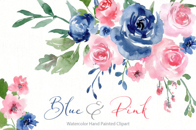 Watercolor Blue and Pink Roses Flowers PNG