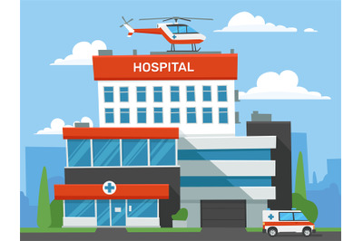 Cartoon hospital building. Emergency clinic&2C; urgent medical help helic