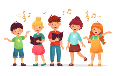 Singing kids. Music school, kid vocal group and children choir sing ca