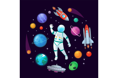 Cartoon astronaut in space. Spaceman rocket, stary ufo spaceship and p