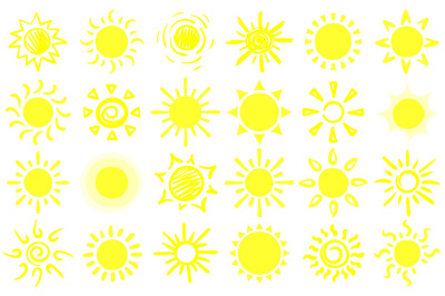 Summer sun sketch. Hand drawn suns&2C; warm sunrise sunlight and happy su