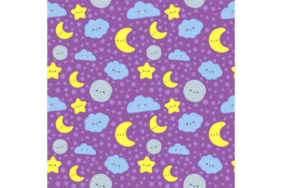 Night sky seamless pattern. Cute moon with sleep face&2C; clouds and star