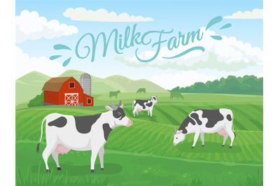 Milk farm field. Dairy farms landscape&2C; cow on ranch fields and countr