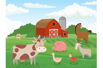 Farm animals. Village animal farms&2C; cows red barn and cattle field lan