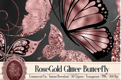 30 RoseGold Glitter Foil Wedding Butterfly Digital Images