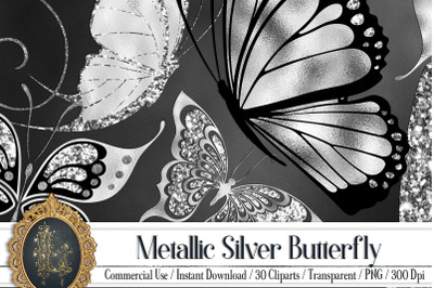 30 Metallic Silver Foil and Glitter Butterfly Digital Images