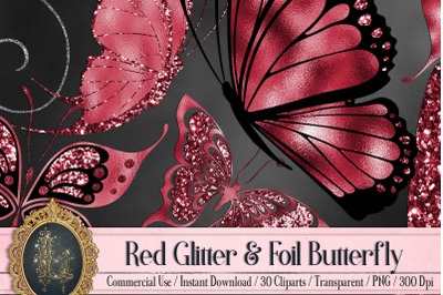 30 Red Ruby Foil and Glitter Flying Butterfly Digital Images