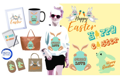 Happy Easter Collection Bunny Love Heart Saying Easter Cut File Vector
