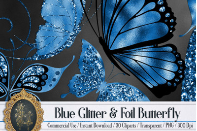 30 Royal Blue Foil and Glitter Butterfly Digital Images