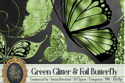 30 Greenery Foil and Glitter Butterfly Digital Images