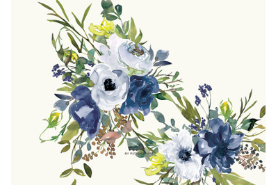 Watercolor Navy White and Yellow Floral Bouquet Clipart