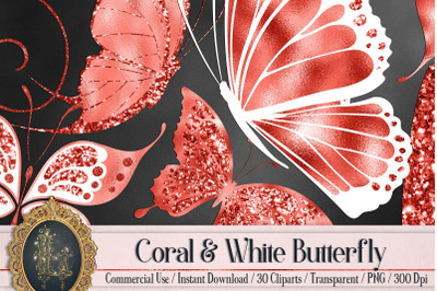 30 Living Coral Foil Glitter Flying Butterfly Digital Images