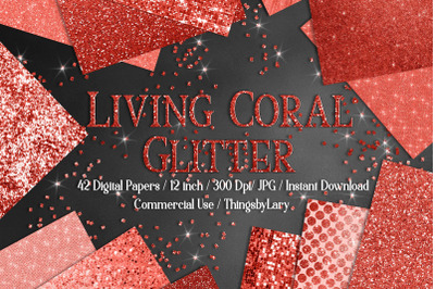 42 Living Coral Glowing Glitter Sequin Digital Papers