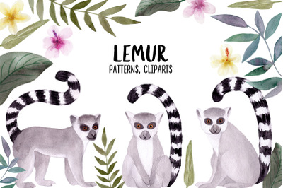Watercolor Lemur. Patterns, Cliparts