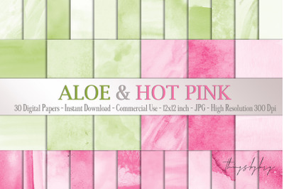 30 Ombre Aloe &amp; Hot Pink Spring Watercolor Digital Papers