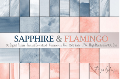 30 Ombre Sapphire &amp; Flamingo Watercolor Digital Papers