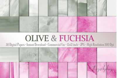 30 Ombre Olive &amp; Fuchsia Painted Watercolor Digital Papers