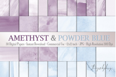 30 Ombre Amethyst &amp; Powder Blue Watercolor Digital Papers