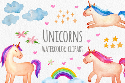 Watercolor Unicorn Set Seamless Patterns, Clipart