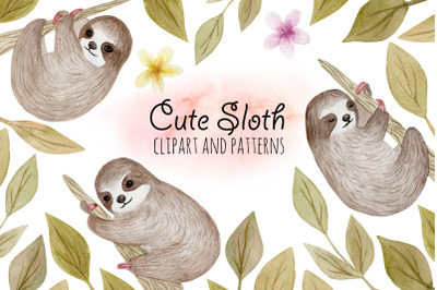 Cute Sloth. Watercolor Patterns