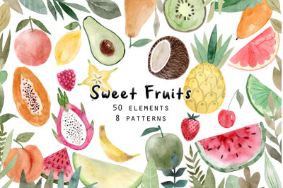 Watercolor Fruits. Patterns, Clipart
