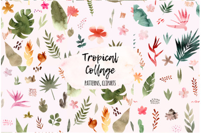 Tropical Collage. Seamless Patterns, Cliparts