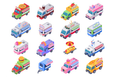 Isometric food trucks. Street carts, hot dog truck and outdoor coffee