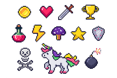 Pixel game items. Retro 8 bit games art&2C; pixelated heart and star icon