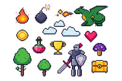 Pixel game elements. Pixelated warrior and 8 bit pixels dragon. Retro