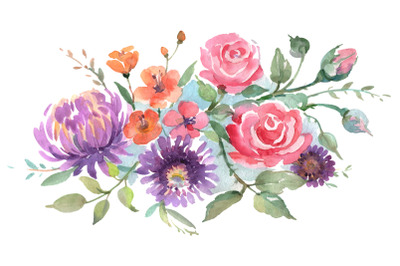 Bouquet with roses and asters Watercolor png