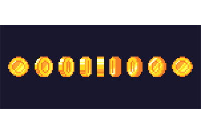 Pixel game coins animation. Golden pixelated coin animated frames, ret