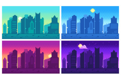 Pixel art cityscape. Town street 8 bit city landscape, night and dayti