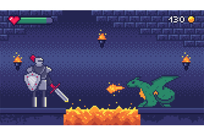 Pixel art game level. Hero warrior fights 8 bit dragon, pixels video g