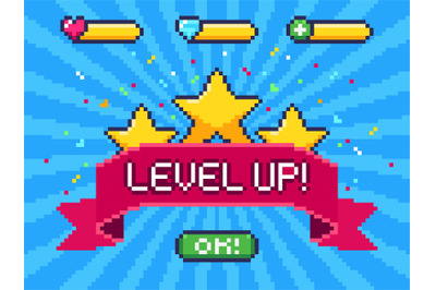 Level Up screen. Pixel video game achievement, pixels 8 bit games ui a