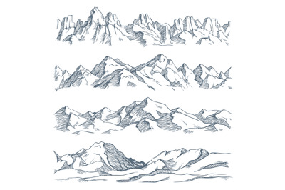 Mountains landscape engraving. Vintage hand drawn sketch of hiking or