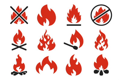 Burn fire icon. Burning flame fireball silhouette or danger bonfire. F