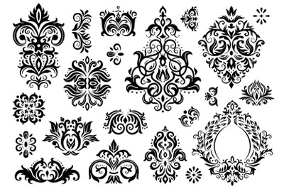 Damask ornament. Vintage floral sprigs pattern, baroque ornaments and