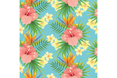 Flowers seamless pattern. Stylish spring flower, tropical plants leave