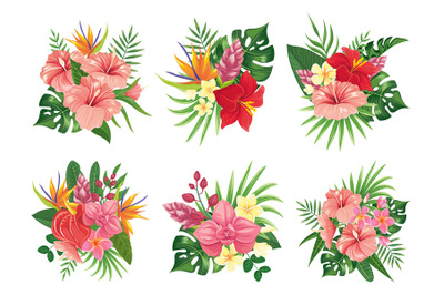 Tropical flowers bouquet. Exotic palm leaves, floral tropic bouquets a