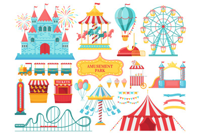 Amusement park attractions. Carnival kids carousel, ferris wheel attra